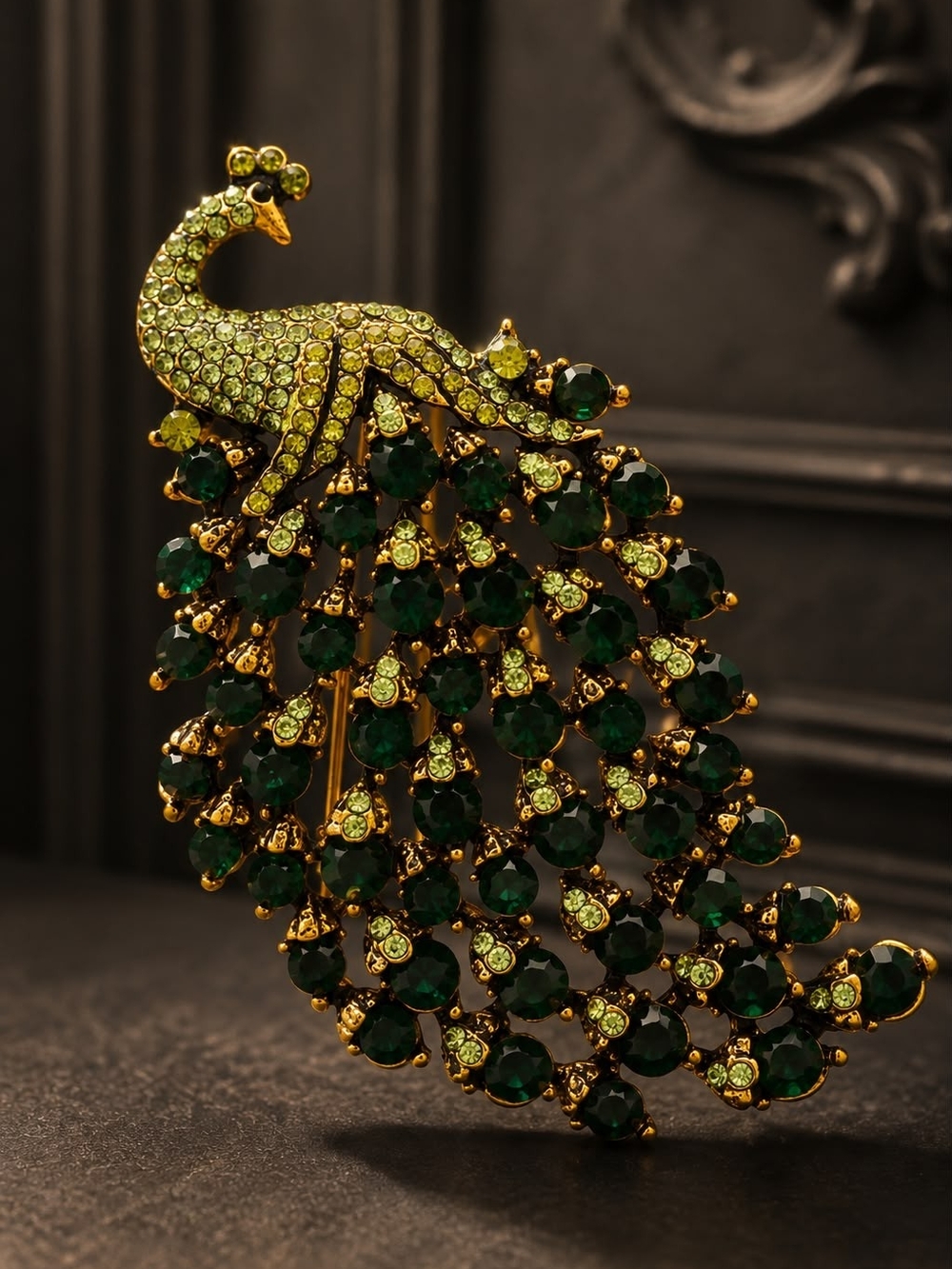 Gold Peacock Brooch with Emerald and Lime Green Crystals